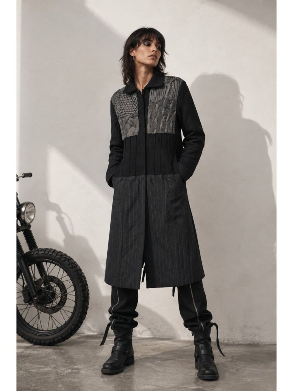MIXER Patchwork Knit Embroidered Pinstripe Long Coat Women’s S Wearable Art
